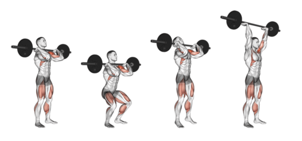 diagram of man performing barbell thruster with muscles highlighted. 